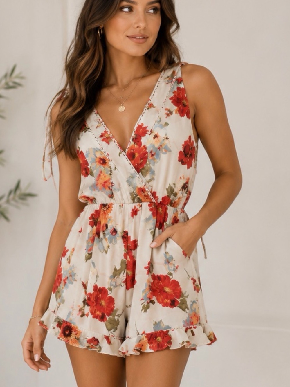 Sienna Sky Cream Romper with Red & Orange Floral Print